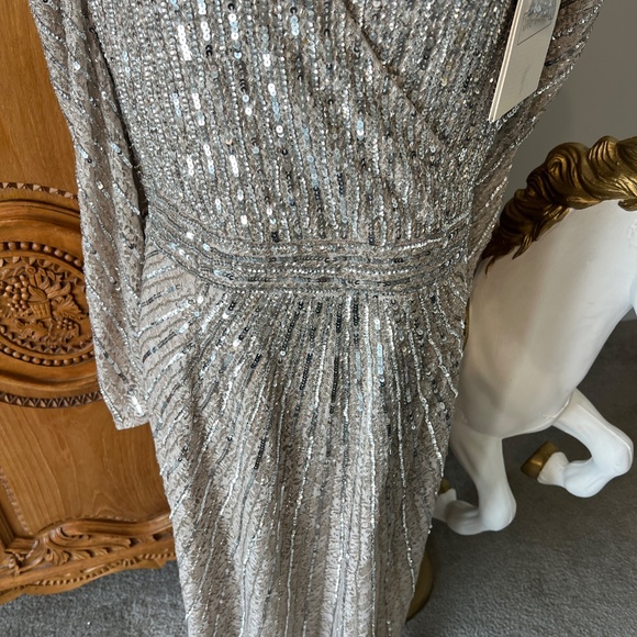 NWT Mac Duggal 93676 [20] Silver Beaded Lace Long Sleeve Midi Dress Cocktail - Picture 6 of 12